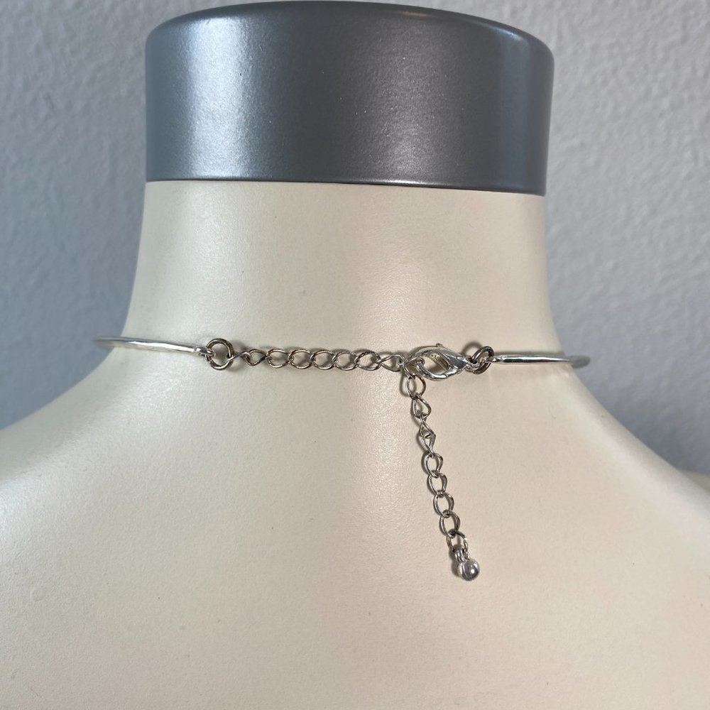 Women Necklace Flat silver tone square shape hammered chokers with beads 19" inc - Picture 3 of 5